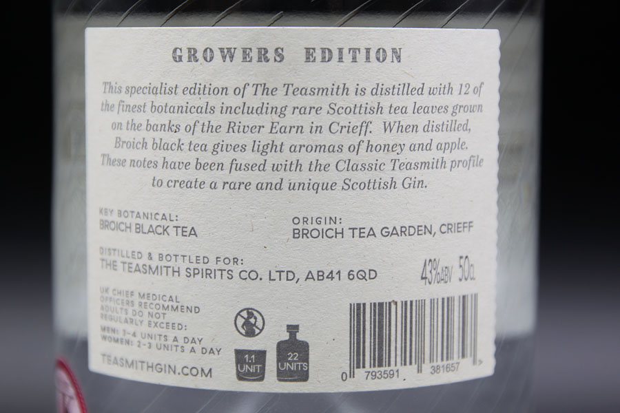 Etikett von Teasmith Gin Rückseite